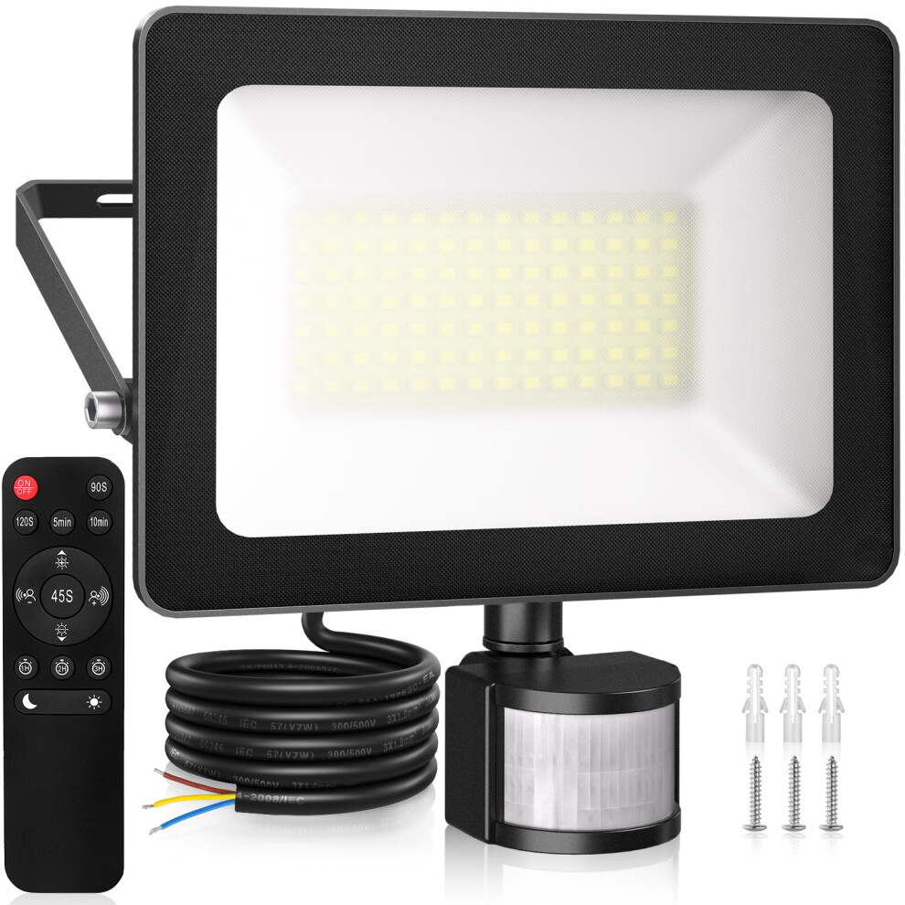 Clv 80W Motion Sensor Outdoor Security Light, 7865Lm Remote Led Floodlights With Pir Sensor, Ip66 Motion Sensor Floodlight, Button & Remote 6500K Pir