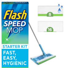 Flash Speedmop Floor Cleaner Starter Kit, Fast Easy and Hygienic (1 Handle, 8 Wet plus 16 Dry Refills), Trap and Lock Daily Dirt