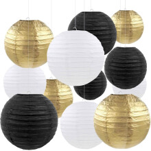 12pcs Black Gold White Paper Lanterns,Round Hanging Paper Lampshade,Birthday,Baby Shower,Wedding,Party,Ceiling Decoration(4" 6" 8" 10" )