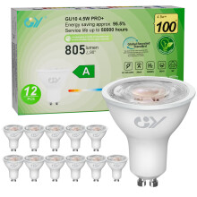 GY GU10 Spotlight 36 Beam Angle LED Bulbs Energy Efficiency Class A, Warm White 2700K 805LM,Equivalent to 100W, Non-Dimmable, Pack of 12