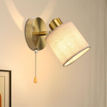 Winverty Pull Cord Wall Lights with Switch, Gold Wall Lamp with Fabric Lampshade, Metal E27 Vintage Bedside Wall Sconce for Bedroom Living Room