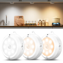 daphomeu Motion Sensor Light Indoor - 3 Pack, Smart Under Cabinet Lighting, 3 AA Battery Operated Wireless Stair Light, Dimmable Puck Lights Suitab