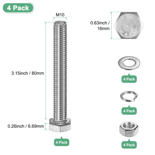 M METERXITY 4Pack Hex Head Screw Bolt with Nuts Flat  Lock Washers M10x80mm 2