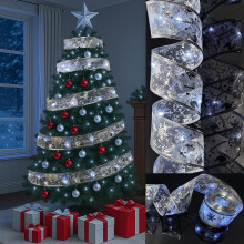 AMLOOPH Christmas Tree Lights, Silver 10m Christmas Tree Ribbon String Fairy Lights for Tree Christmas Decorations, Battery Cool White 100 LED Ribbon