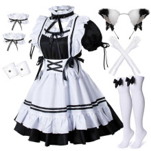 Lolita-Maid-Kostümset mit Katzenohren-Handschuhen und Socken für Damen, inklusive flauschigem Zubehör