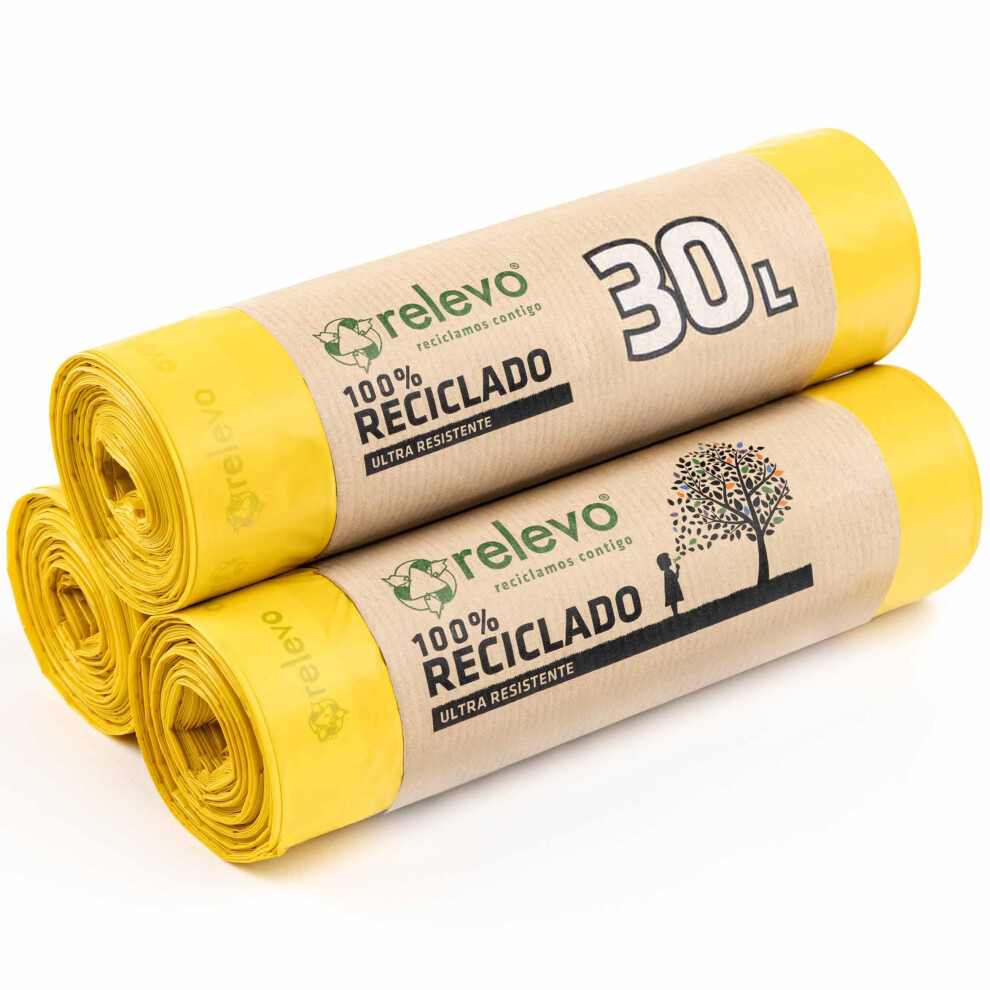 Relevo Yellow 30 Litre Bin Bags Â Made From 100% Recycled Material. Bin Bags 30L Â 55 Cm X 60 Cm. Includes 45 Units Of Pedal Bin Liners With Draws