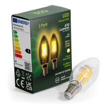 ECO 40W Equivalent 4W LED Filament Candle Light Bulb, 470 Lumens, Warm White 2700K, E14 SES Small Edison Screw, 25,000hrs Lifetime. (2xPACK)