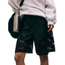 Hochtaillierte Bermuda-Shorts Aus Satin mit Spitze, Süße Basketball-Shorts im Y2K-Stil Schwarz L