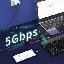 RGB USB 3.0 Hub 7 Ports USB Port Adapter 5Gbps Individual On/Off Switch Splitter Gaming USB Hub for Laptop PC Computer