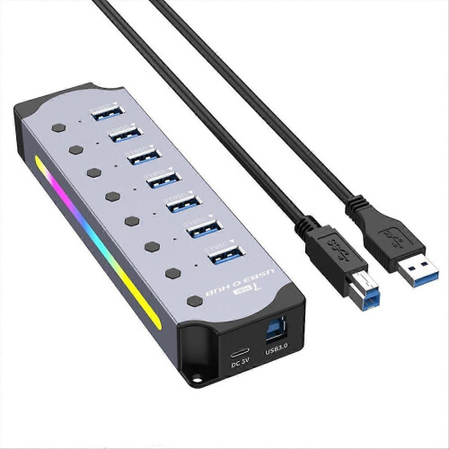 Διανομέας USB 3.0, Διανομέας RGB 7 θυρών με ταινία LED, Βύσμα EU σε περίβλημα αλουμινίου