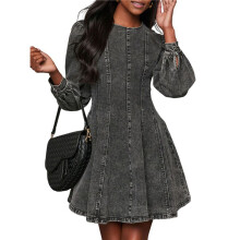 Denim Shirt Dress for Women Long Sleeve Crew Neck Denim Dresses Fall Cute A Short Jean Dress Black M