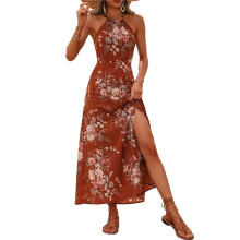 Women Halter Neck Printing Split Long Dresses Summer Sleeveless Boho A Dress Coffee Color L