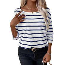 Womens 3/4 Length Sleeve Tops Striped Boat Neck Shirt Frenchy Cotton Tees M