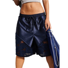 Hochtaillierte Bermuda-Shorts Aus Satin mit Spitze, Süße Basketball-Shorts im Y2K-Stil Dunkelblau L