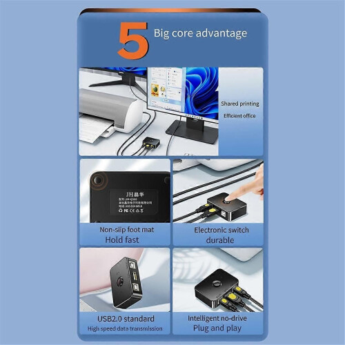 USB Printer Sharer Device 2 Ports USB2.0 Selector Printer Sharing Peripheral for Printer USB Splitt