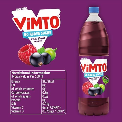 Vimto Squash - No Added Sugar - Real Fruit Flavour - Vitamins C & D 1
