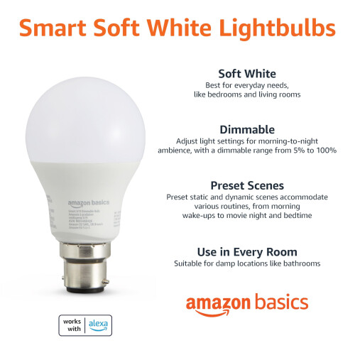 Amazon Basics Smart Dimmable LED Light Bulb, B22 Base, Soft White, 8W (60W Equivalent), Works with Alexa Only, 1 Pack 1