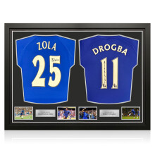 Didier Drogba & Gianfranco Zola Signed Chelsea Football Shirts. Dual Frame