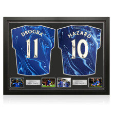 Didier Drogba & Eden Hazard Signed Chelsea 2024-25 Football Shirts. Dual Frame