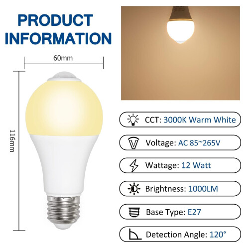 Akynite E27 Motion Sensor LED Bulbs 12W Warm White, 1000LM, Detection Angle 120, Auto On Off, AC 220V, E27 Screw Motion Sensor Ceiling Light Bulb fo 2