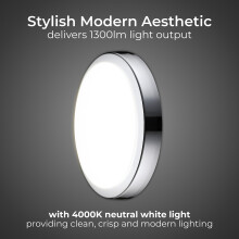 Luceco Eco Indoor LED Bulkhead Light, Decorative Interior Lighting, Round, White/Polished Chrome, IP54, 17W, 1650lm, 4000K, EBH28S40