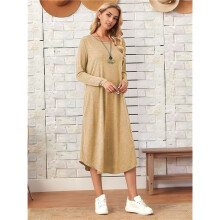 Damen Lockeres, Lässiges Kleid mit Rundhalsausschnitt und Langen Ärmeln, Midikleid mit Schrägen Taschen und Abgerundetem Saum Khaki XXL