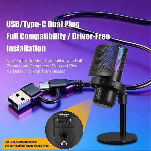 Μικρόφωνο παιχνιδιών USB με RGB, κουμπί ελέγχου έντασης ήχο 1