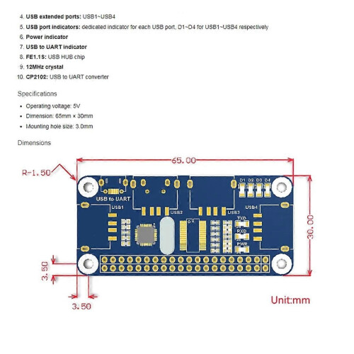 4 θύρες USB HUB HAT για , USB σε UART ενσωματωμένο 2