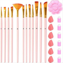Paint Brushes Set 12 Pcs, Face Paint Brushes and Sponges Set for Oil Watercolor, Detailing, Rock Pa