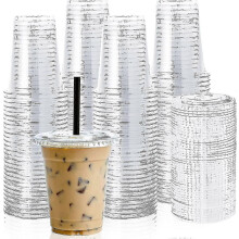 [100 Sets] 12oz Klarsichtbecher aus Kunststoff mit flachen Deckeln, Einwegbecher für Eiskaffee, Smoothies,