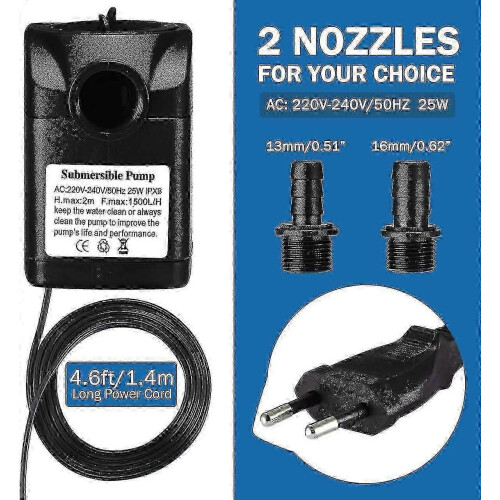 Υποβρύχια αντλία νερού 25W 1500L/H με καλώδιο τροφοδοσίας 5 πο 2