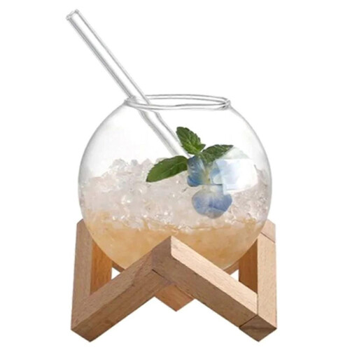Bicchiere a sfera con supporto in legno, cannuccia, bicchiere da vino, cocktail, bicchiere trasparente