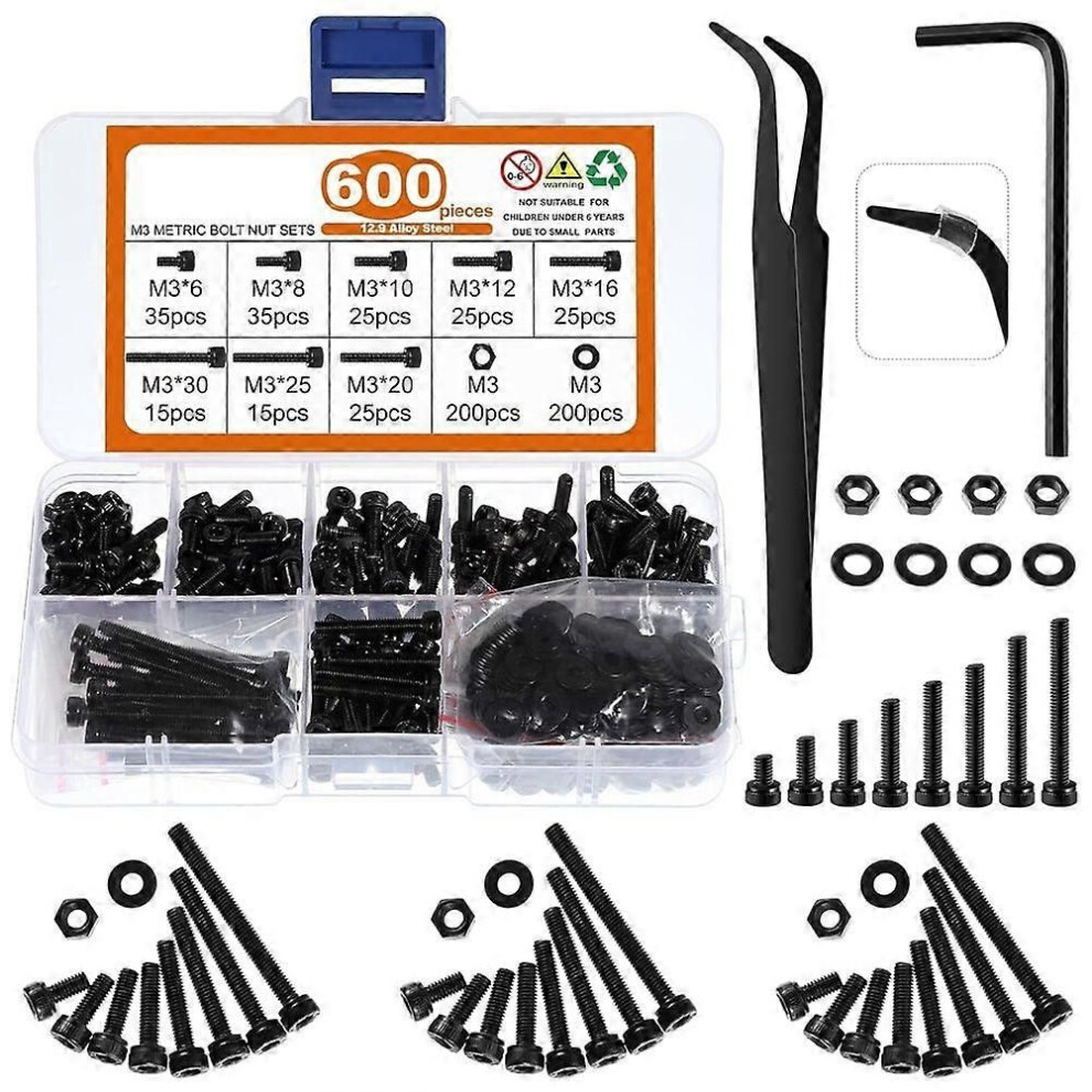 600Pcs M3 Screws,12.9 Alloy Steel Nuts And Bolts Assortment Kit,Black Zinc Plated Hex Socket Head Screws Nuts Bolts 9152359623490
