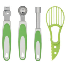 Set of four kitchen utensils: avocado knife, peeler, fruit scoop and lemon slicer