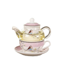 Keramik-Teekanne mit Blumenmotiv, Vogelmotiv, Tasse, Untertasse, hitzebeständiges Glas, Kaffeetasse,