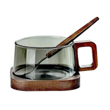 200ml American Latte Glass Coffee Mug with Wooden Tray Spoon Heat-Resistant Milk Tea Cup Fresh Ground Coffee Cup