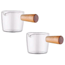 2 lattiere trasparenti in vetro con manico in legno, mini brocca per caffè e latte. 50 ml