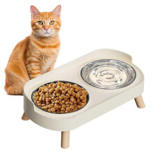 Upphöjd kattskål, upphöjd kattmat- och vattenskålsset för innekatter, stänkskyddad med 2 rostfria skålar