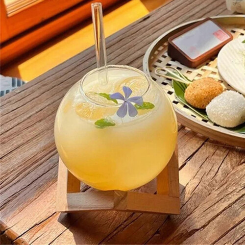 Bicchiere a sfera con supporto in legno, cannuccia, bicchiere da vino, cocktail, bicchiere trasparente 1