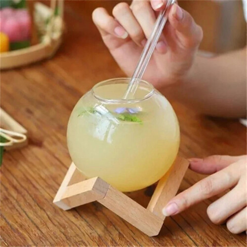 Bicchiere a sfera con supporto in legno, cannuccia, bicchiere da vino, cocktail, bicchiere trasparente 2