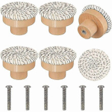 6 pomos de ratán bohemio para cómoda, tiradores de madera con tejido de mimbre hechos a mano con tornillos,