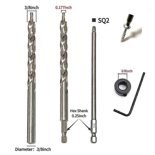 3/8" Drill Bit Set with Depth Stop Collar & SQ2 Screwdriver Bits for Pocket Hole Jig System 2