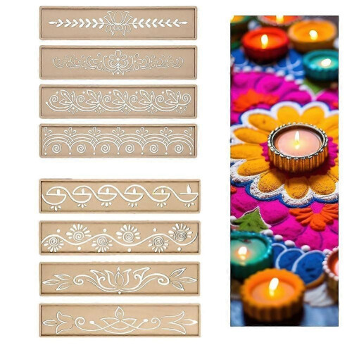 8 τεμάχια στένσιλ Diwali Rangoli 12 ιντσών, ξύλινα κιτ κατασκευής 1