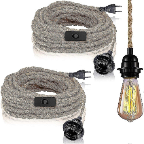 2 Pack Hemp Rope Pendant Lights with Switch, 4.5m Cable, E27 Socket for Kitchen, Dining Table, Bar, Hall (No Bulb Included)