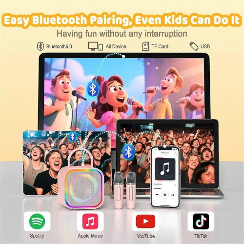 Mini karaokemachine, geschikt voor kinderen, draagbare Bluetooth-luidspreker met dubbele microfoons, 2