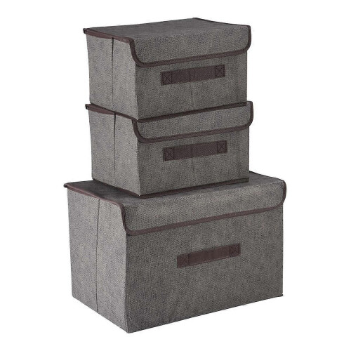 3 Pack Foldable Storage Boxes with Lids,Fabric Storage Basket Organiser for Wardrobe,Closet,Shelf(Gray) 1