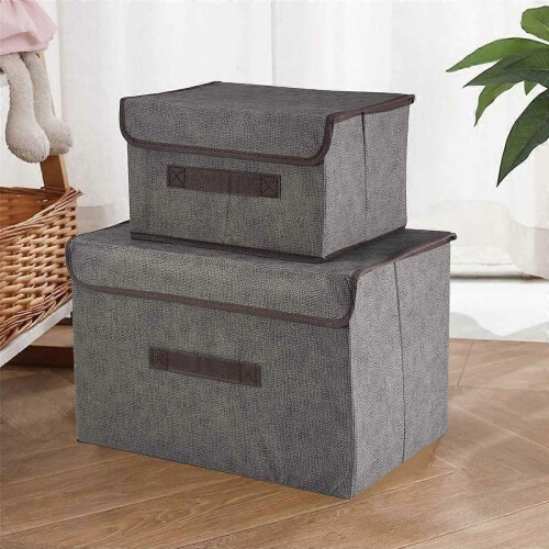 3 Pack Foldable Storage Boxes with Lids,Fabric Storage Basket Organiser for Wardrobe,Closet,Shelf(Gray) 2
