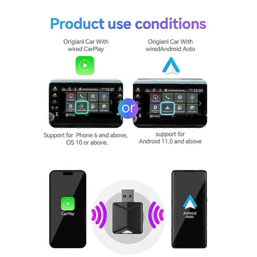 Box wireless per auto Carplay e Android Auto 2 in 1, da cablato a wireless, dongle plug-and-play, mini 2