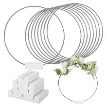10 PCS 25cm Metal Floral Hoop Centerpiece for Table Wooden Stand Wreath Macrame Silver Hoop Rings for DIY Crafts(White)