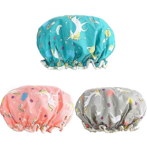 Waterproof Shower Caps for Women, 3 Pack Adjustable Double Layer Bath Cap